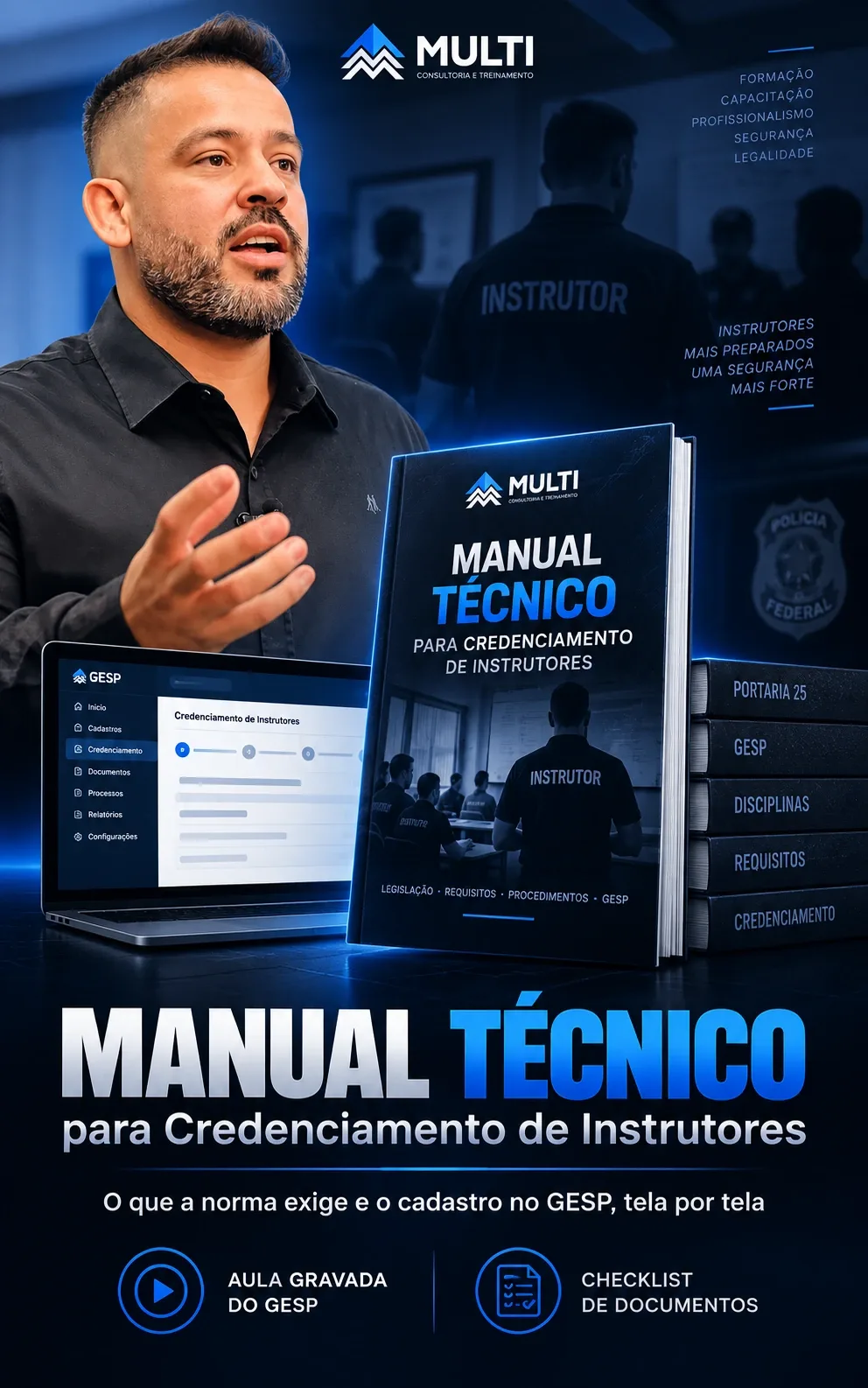 Capa do Manual Técnico para Credenciamento de Instrutores, com Diego Ferreira